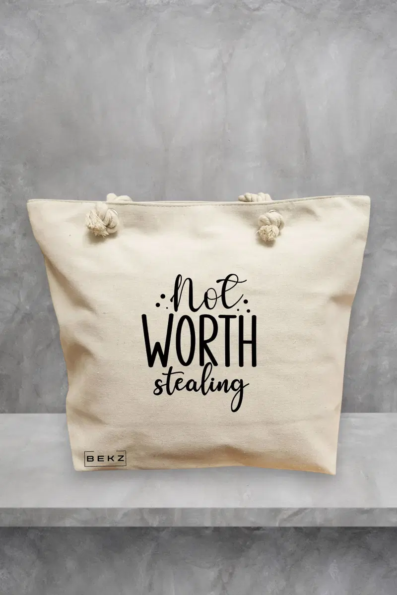 Geanta de Plaja Canvas Tote pentru femei, model Not worth stealing, 40x51 cm, Bej, BEKZ®