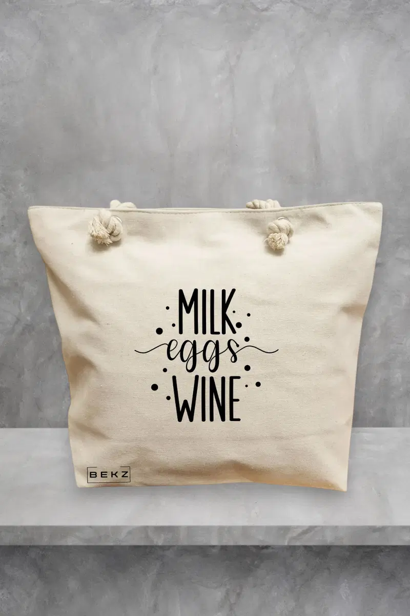 Geanta de Plaja Canvas Tote pentru femei, model Milk eggs wine, 40x51 cm, Bej, BEKZ®