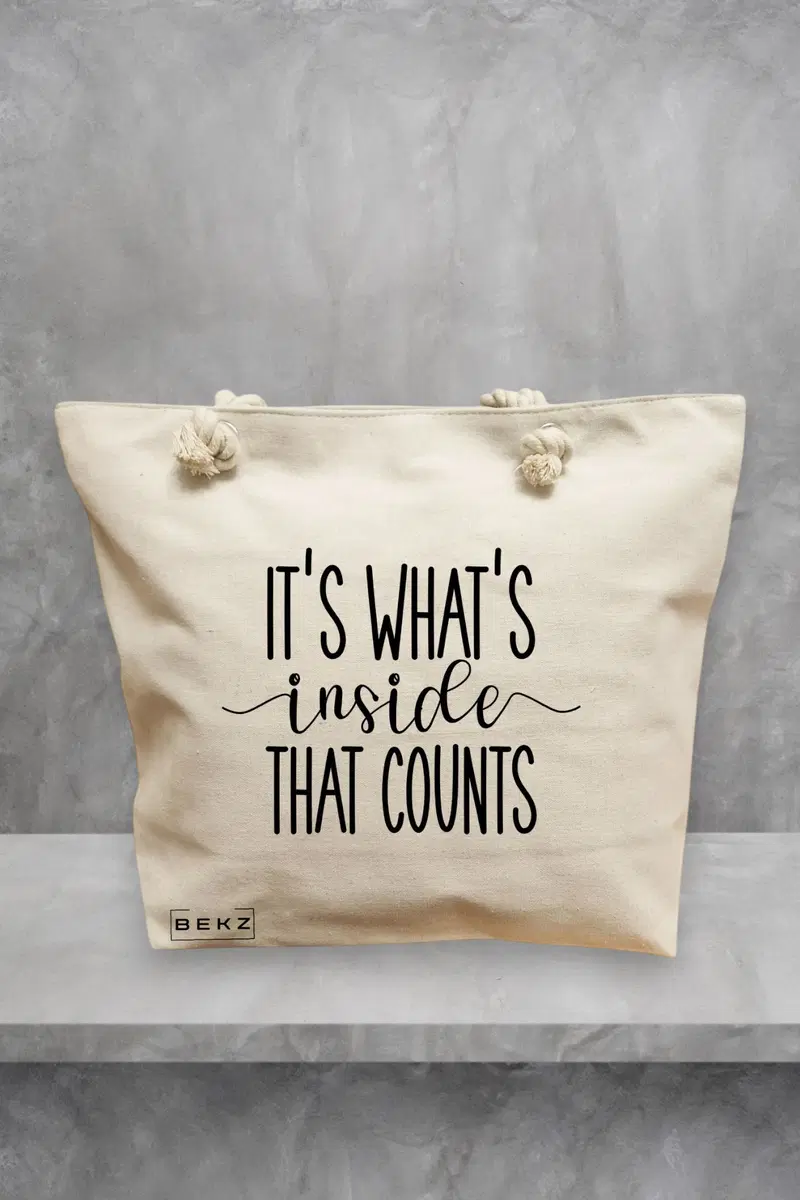 Geanta de Plaja Canvas Tote pentru femei, model It's what's inside that counts, 40x51 cm, Bej, BEKZ®
