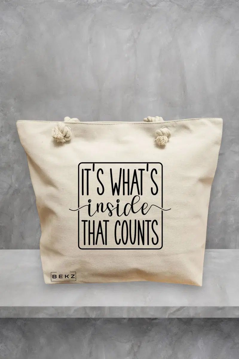 Geanta de Plaja Canvas Tote pentru femei, model It's what's inside that counts 2, 40x51 cm, Bej, BEKZ®