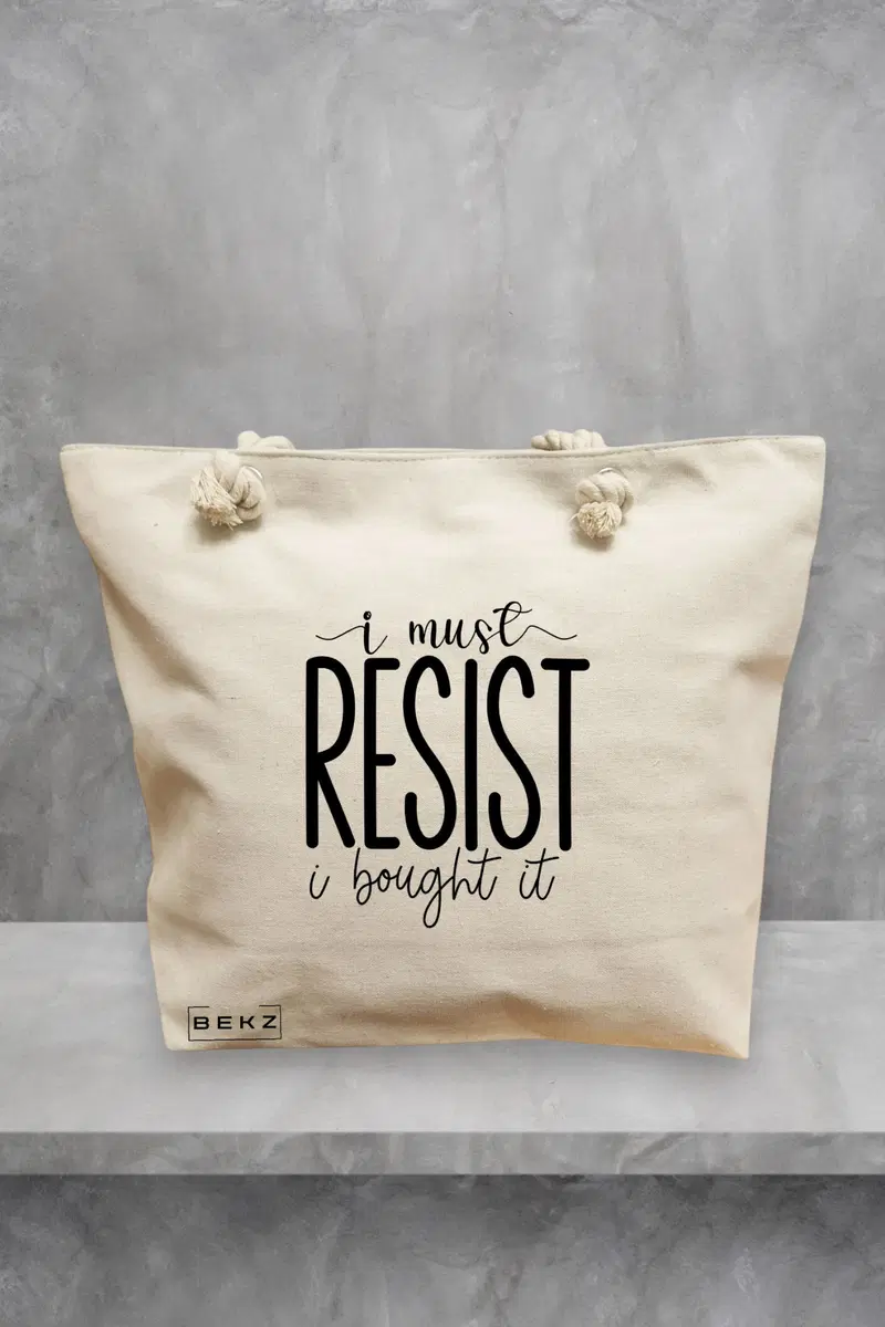 Geanta de Plaja Canvas Tote pentru femei, model I must resist, I bought it, 40x51 cm, Bej, BEKZ®
