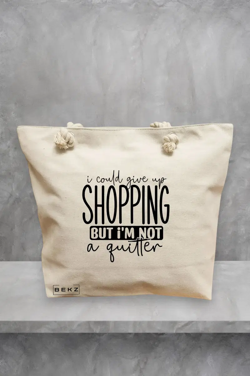 Geanta de Plaja Canvas Tote pentru femei, model I could give my shopping, 40x51 cm, Bej, BEKZ®
