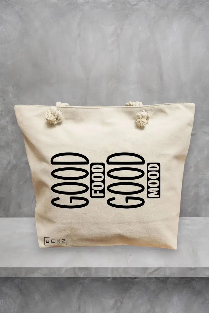 Geanta de Plaja Canvas Tote Bag pentru femei, model Good Food Good Mood, 40x51 cm, Bej, BEKZ®