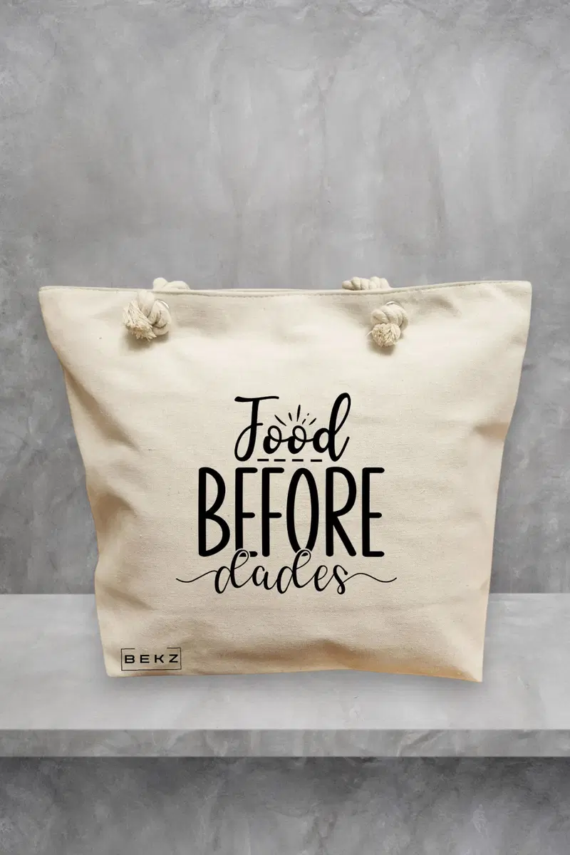 Geanta de Plaja Canvas Tote pentru femei, model Food before dudes, 40x51 cm, Bej, BEKZ®