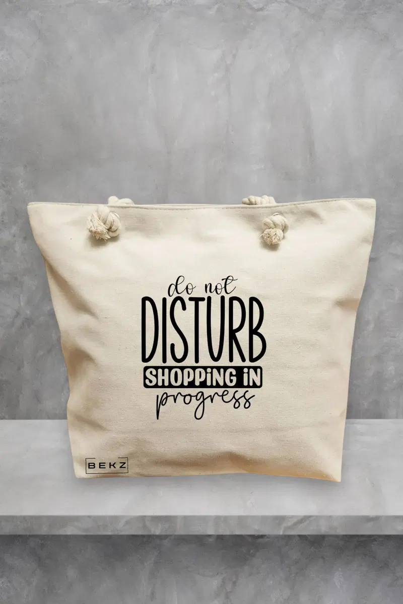 Geanta de Plaja Canvas Tote Bag pentru femei, model Shopping in Progress, 40x51 cm, Bej, BEKZ®