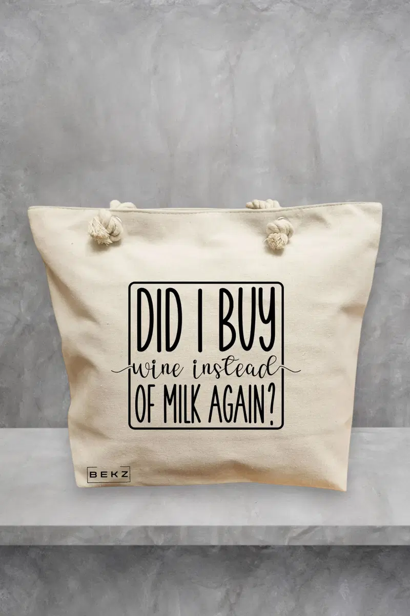 Geanta de Plaja Canvas Tote pentru femei, model Did I buy wine instead of milk again?, 40x51 cm, Bej, BEKZ®