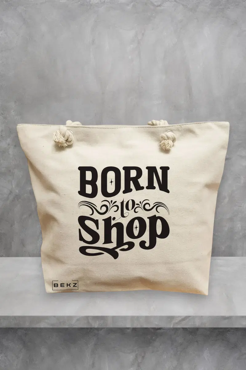 Geanta de Plaja Canvas Tote pentru femei, model Born to shop, 40x51 cm, Bej, BEKZ®