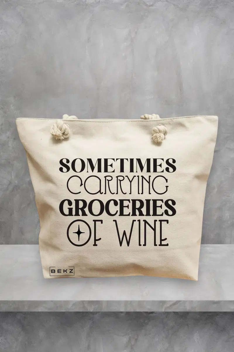 Geanta de Plaja Canvas Tote pentru femei, model Sometimes carrying groceries of wine, 40x51 cm, Bej, BEKZ®