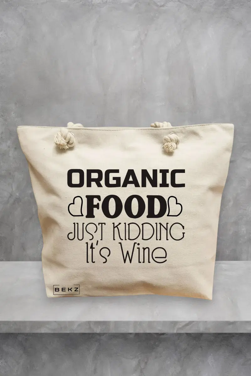 Geanta de Plaja Canvas Tote pentru femei, model Organic food, Just kidding, it's Wine, 40x51 cm, Bej, BEKZ®