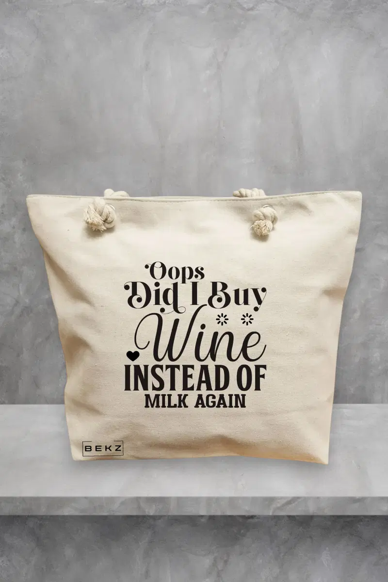 Geanta de Plaja Canvas Tote pentru femei, model Opps Did I buy wine instead of milk again?, 40x51 cm, Bej, BEKZ®