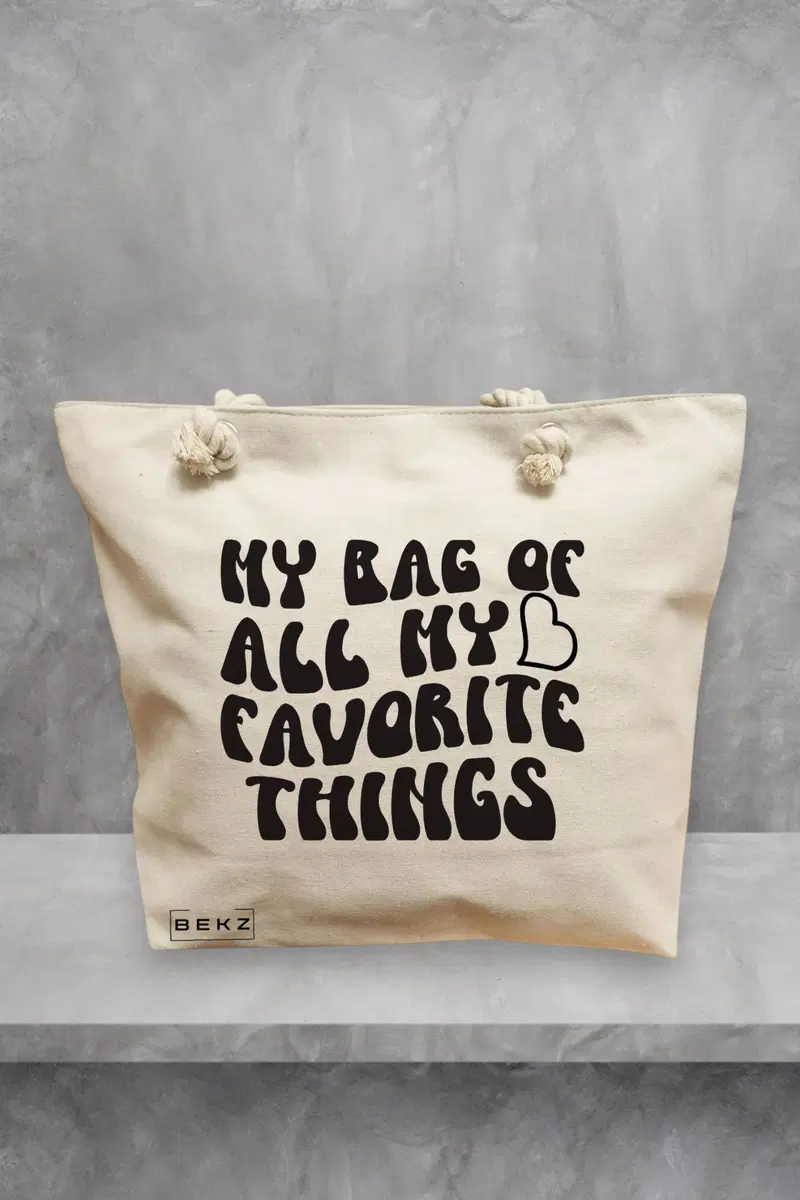 Geanta de Plaja Canvas Tote pentru femei, model My bag of all my favorite things, 40x51 cm, Bej, BEKZ®