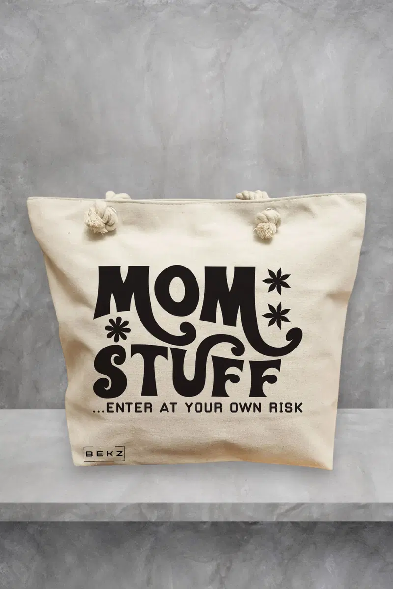 Geanta de Plaja Canvas Tote pentru femei, model Mom stuff, enter at your own risk, 40x51 cm, Bej, BEKZ®