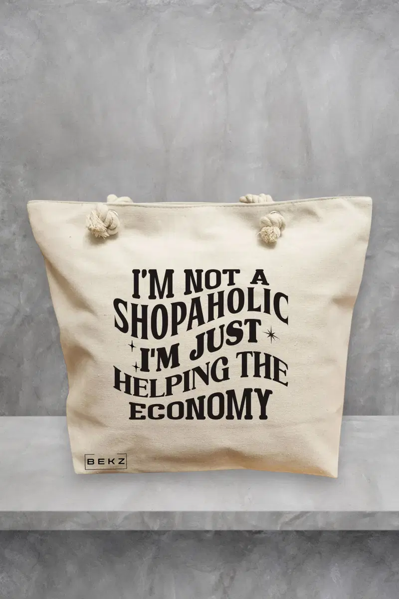 Geanta de Plaja Canvas Tote pentru femei, model I'm not a shopaholic, I'm just helping the economy, 40x51 cm, Bej, BEKZ®