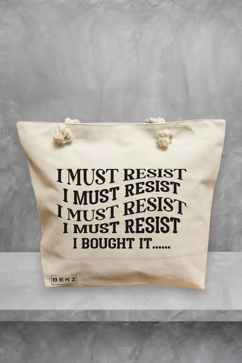 Geanta de Plaja Canvas Tote pentru femei, model I must restist, 40x51 cm, Bej, BEKZ®