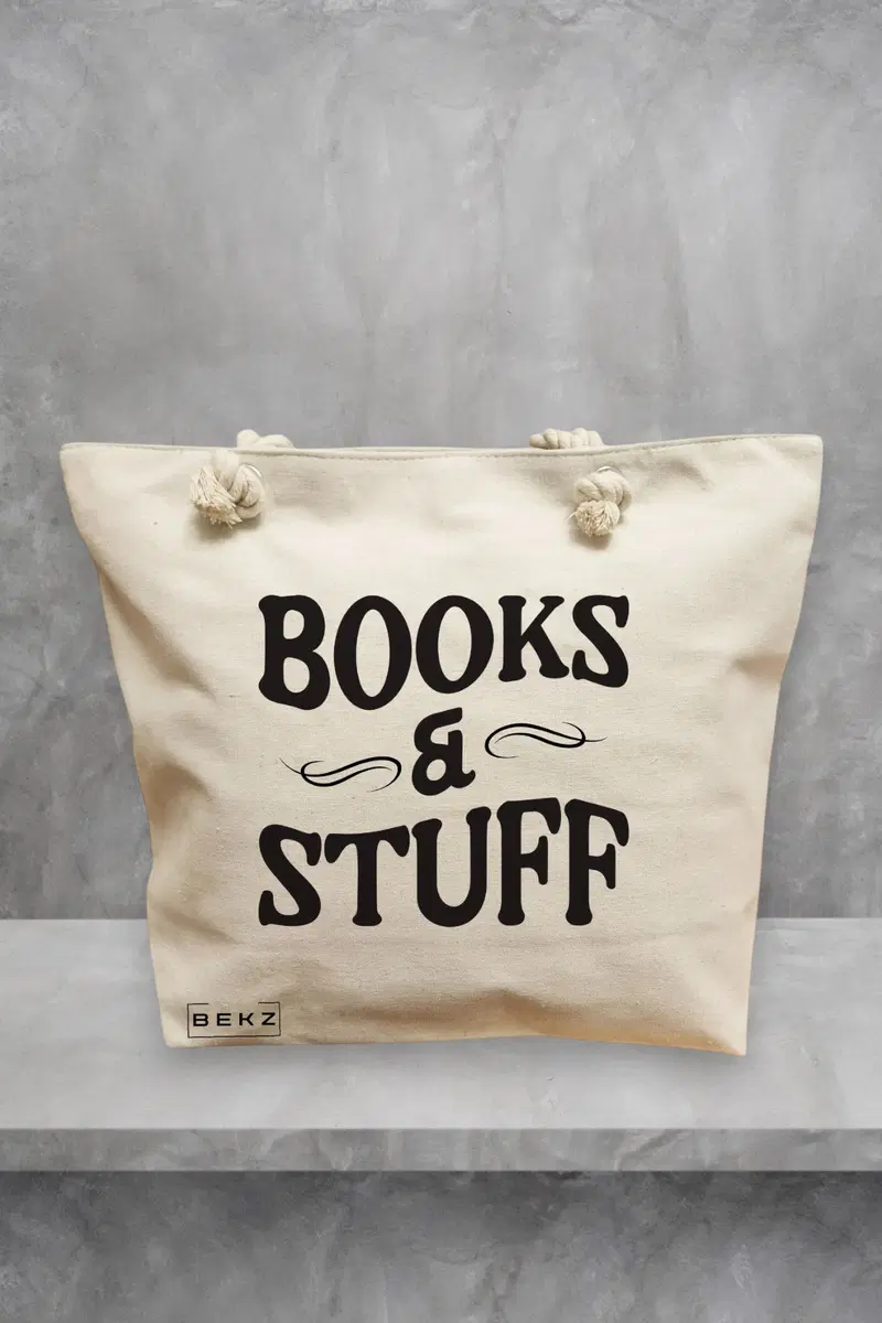 Geanta de Plaja Canvas Tote pentru femei, model Books and Stuff, 40x51 cm, Bej, BEKZ®
