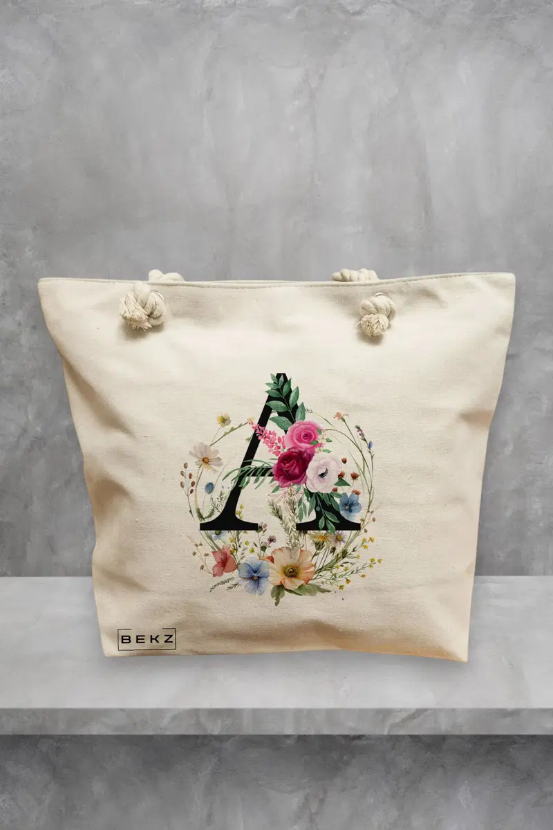 Geanta de Plaja Canvas Tote pentru femei, Cu litera A in Coronita Florala, 40x51 cm, Bej, BEKZ®