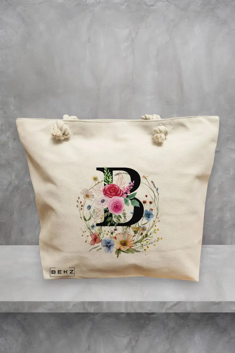 Geanta de Plaja Canvas Tote pentru femei, Cu litera B in Coronita Florala, 40x51 cm, Bej, BEKZ®