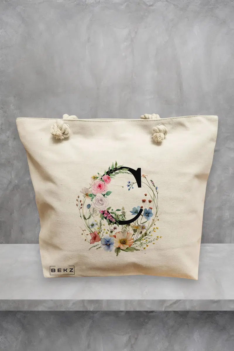 Geanta de Plaja Canvas Tote pentru femei, Cu litera C in Coronita Florala, 40x51 cm, Bej, BEKZ®
