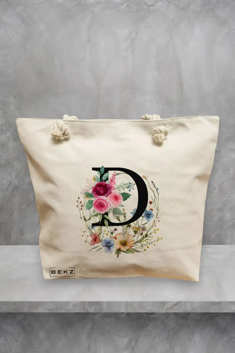 Geanta de Plaja Canvas Tote pentru femei, Cu litera D in Coronita Florala, 40x51 cm, Bej, BEKZ®