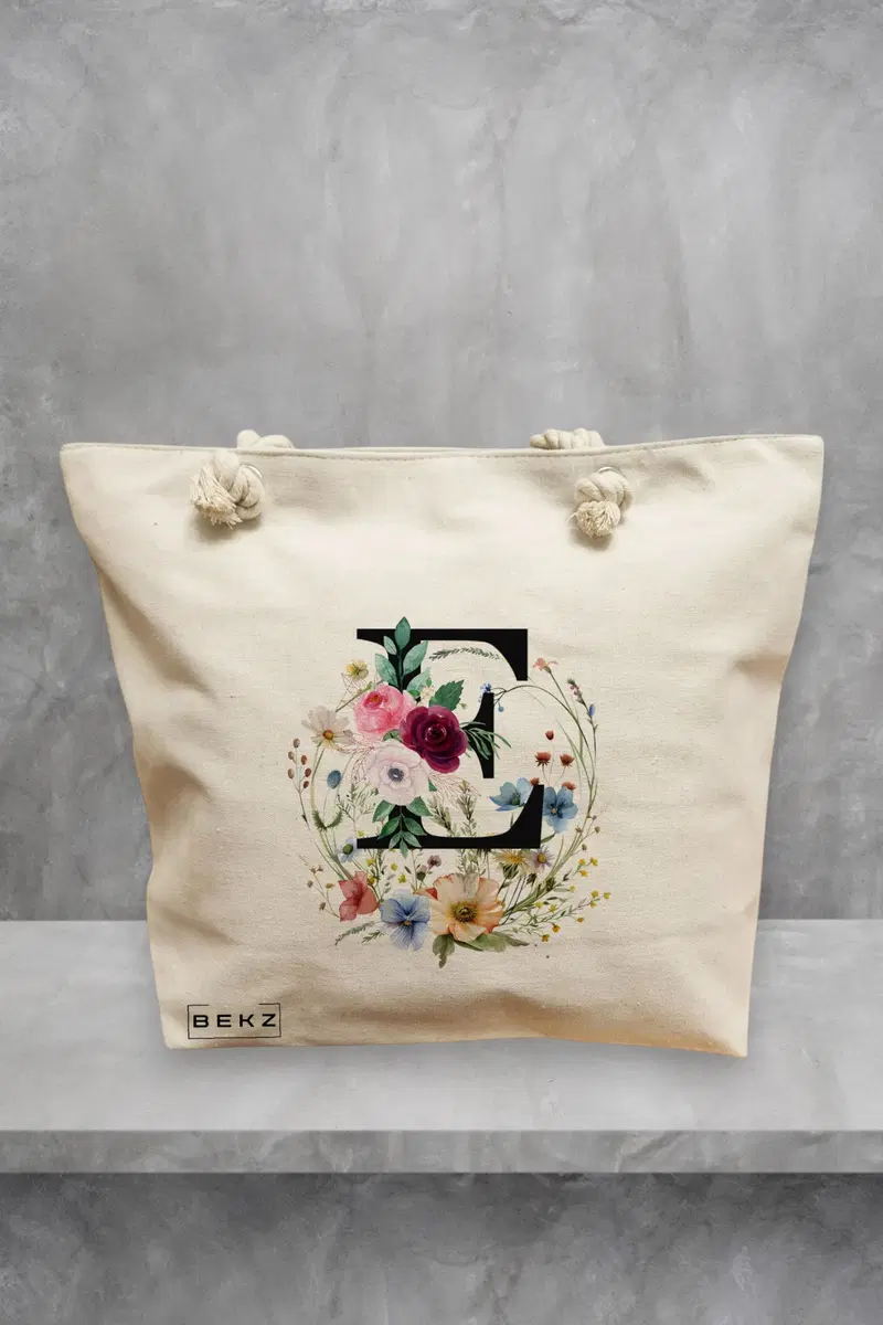 Geanta de Plaja Canvas Tote pentru femei, Cu litera E in Coronita Florala, 40x51 cm, Bej, BEKZ®
