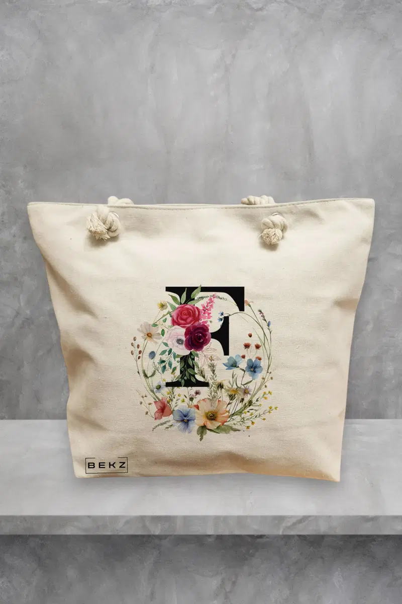 Geanta de Plaja Canvas Tote pentru femei, Cu litera F in Coronita Florala, 40x51 cm, Bej, BEKZ®