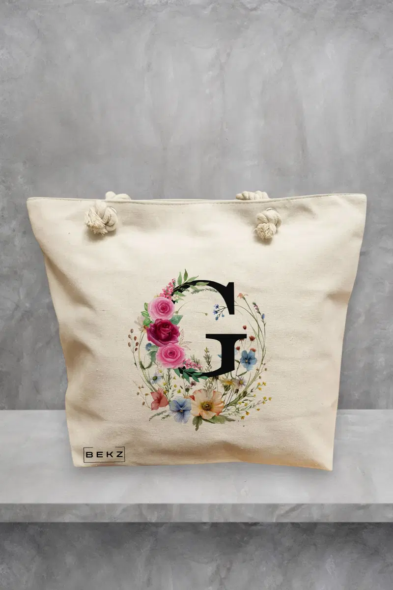Geanta de Plaja Canvas Tote pentru femei, Cu litera G in Coronita Florala, 40x51 cm, Bej, BEKZ®