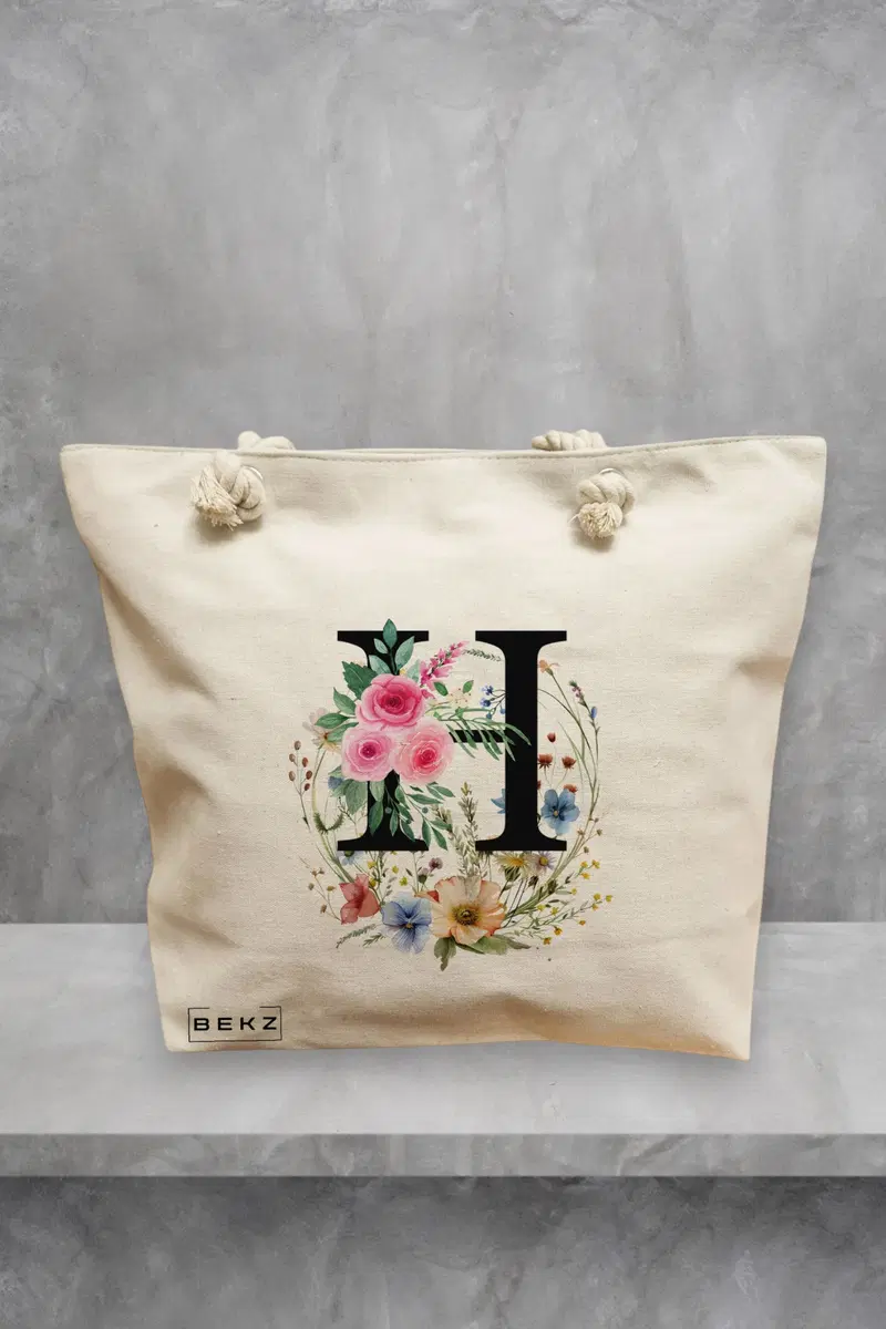Geanta de Plaja Canvas Tote pentru femei, Cu litera H in Coronita Florala, 40x51 cm, Bej, BEKZ®