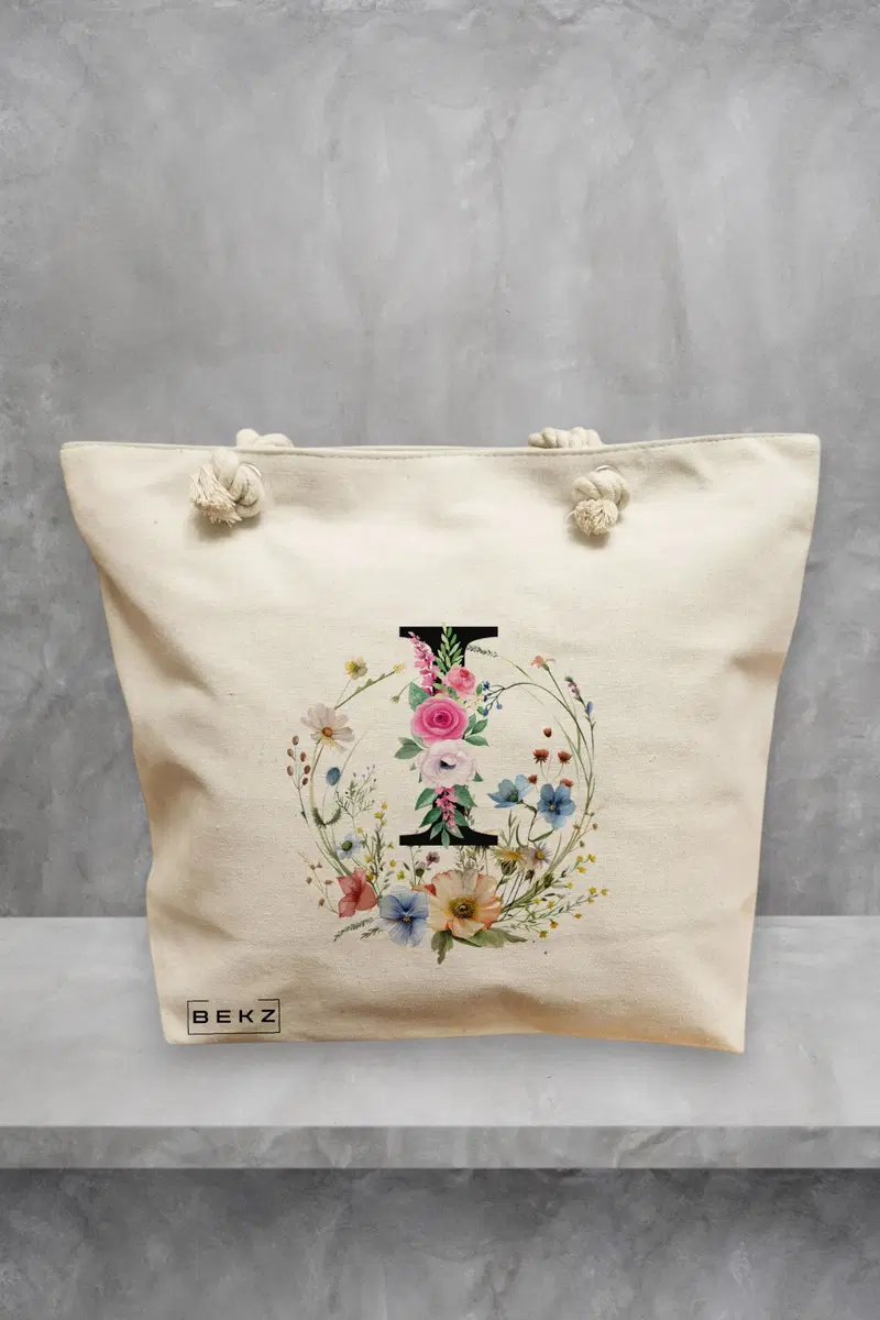 Geanta de Plaja Canvas Tote pentru femei, Cu litera I in Coronita Florala, 40x51 cm, Bej, BEKZ®