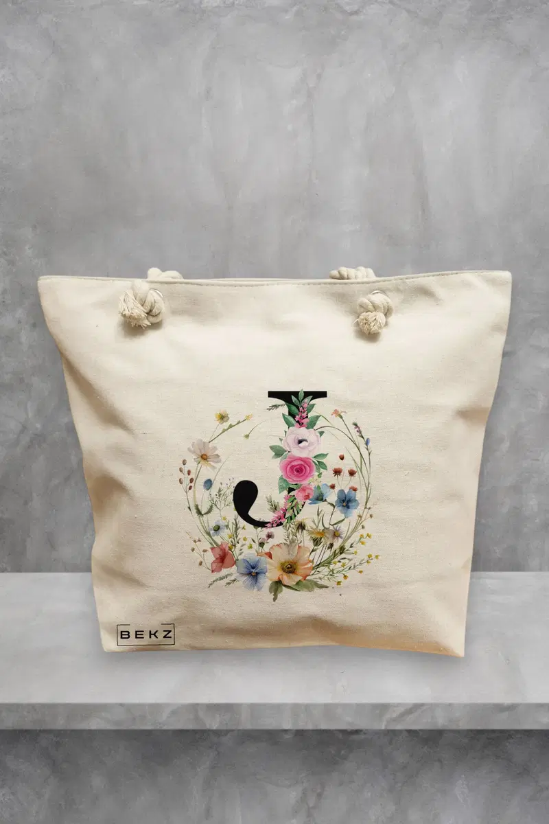 Geanta de Plaja Canvas Tote pentru femei, Cu litera J in Coronita Florala, 40x51 cm, Bej, BEKZ®