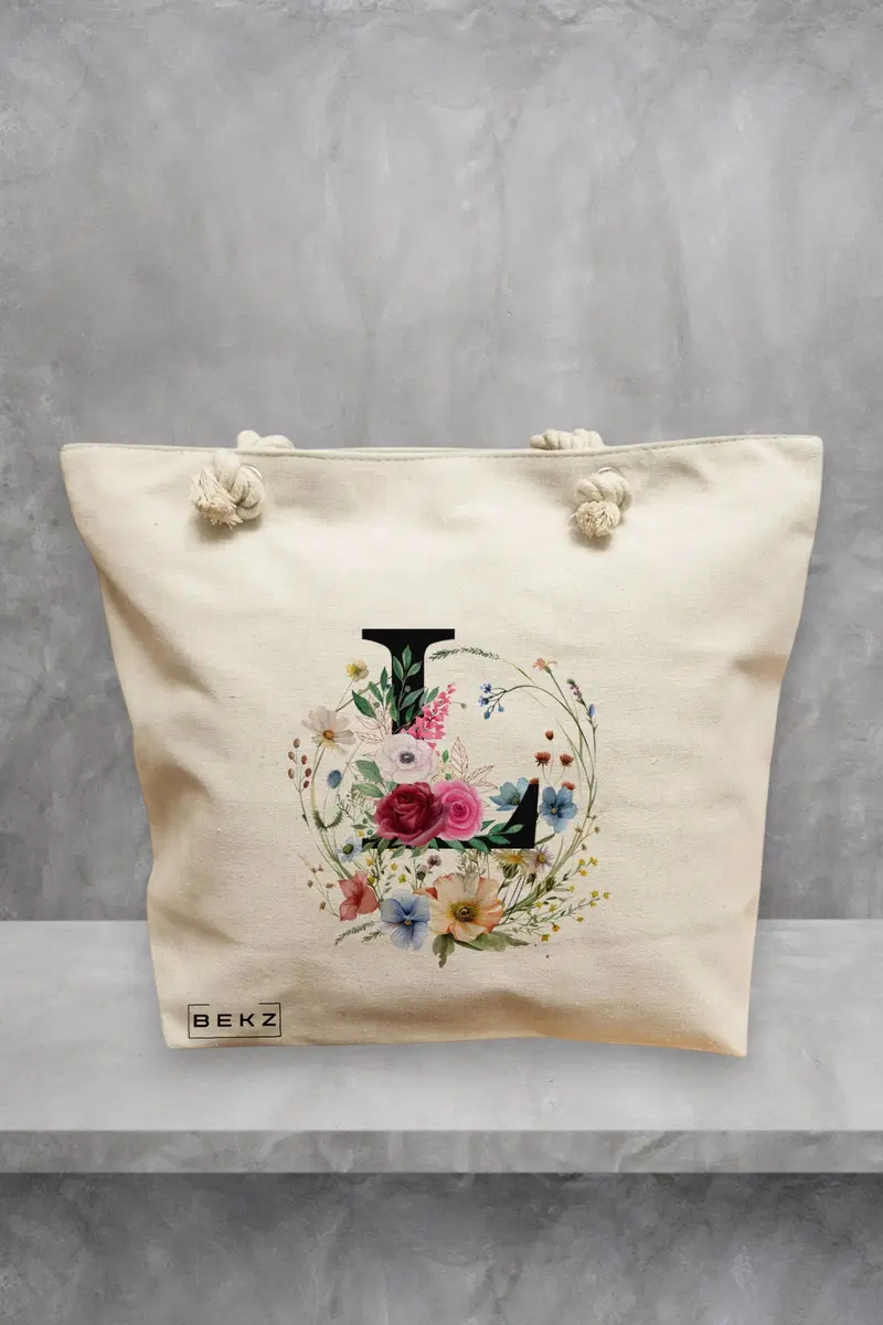 Geanta de Plaja Canvas Tote pentru femei, Cu litera L in Coronita Florala, 40x51 cm, Bej, BEKZ®