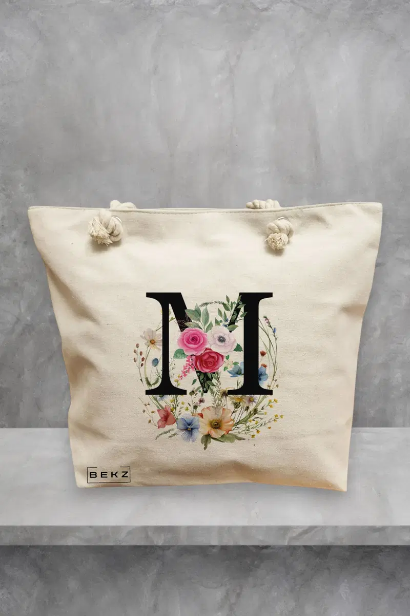 Geanta de Plaja Canvas Tote pentru femei, Cu litera M in Coronita Florala, 40x51 cm, Bej, BEKZ®