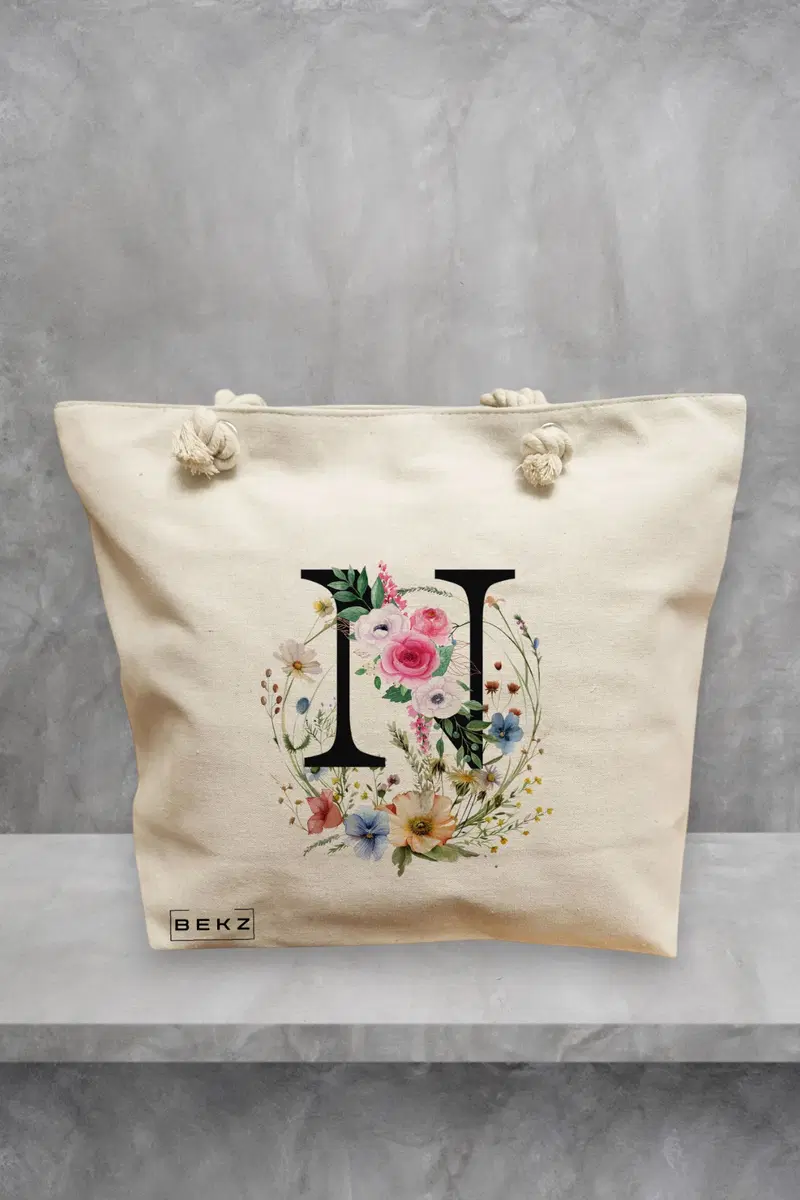 Geanta de Plaja Canvas Tote pentru femei, Cu litera N in Coronita Florala, 40x51 cm, Bej, BEKZ®