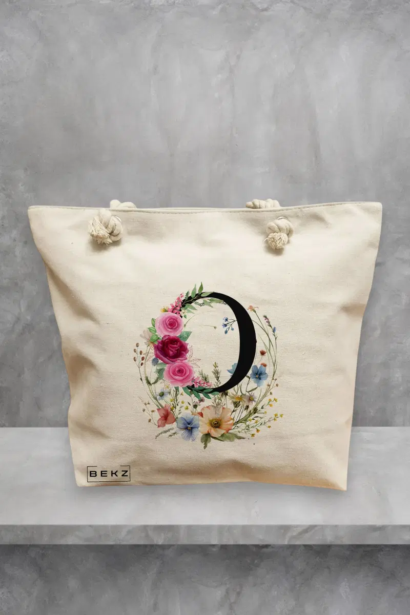 Geanta de Plaja Canvas Tote pentru femei, Cu litera O in Coronita Florala, 40x51 cm, Bej, BEKZ®