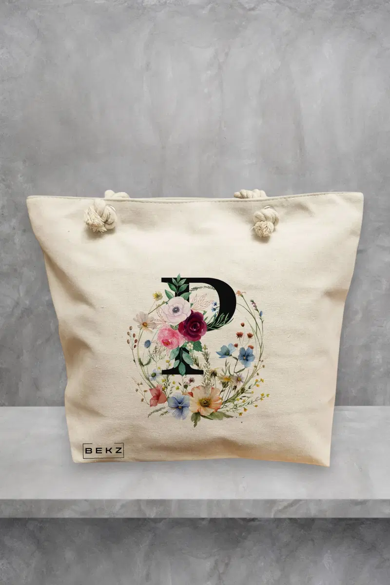 Geanta de Plaja Canvas Tote pentru femei, Cu litera P in Coronita Florala, 40x51 cm, Bej, BEKZ®