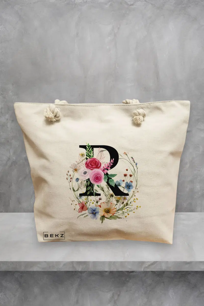 Geanta de Plaja Canvas Tote pentru femei, Cu litera R in Coronita Florala, 40x51 cm, Bej, BEKZ®