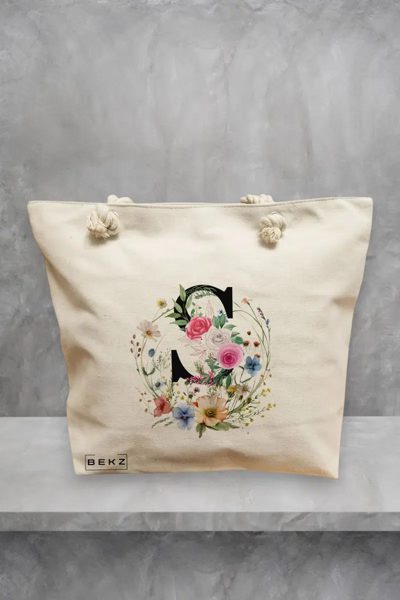 Geanta de Plaja Canvas Tote pentru femei, Cu litera S in Coronita Florala, 40x51 cm, Bej, BEKZ®
