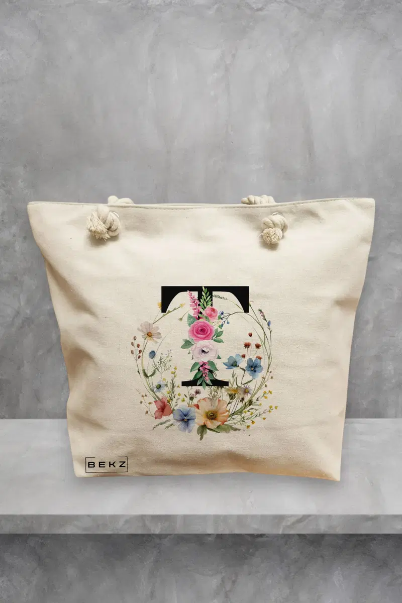 Geanta de Plaja Canvas Tote pentru femei, Cu litera T in Coronita Florala, 40x51 cm, Bej, BEKZ®