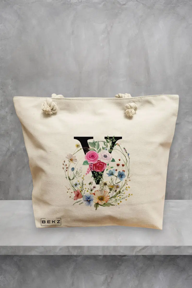 Geanta de Plaja Canvas Tote pentru femei, Cu litera V in Coronita Florala, 40x51 cm, Bej, BEKZ®
