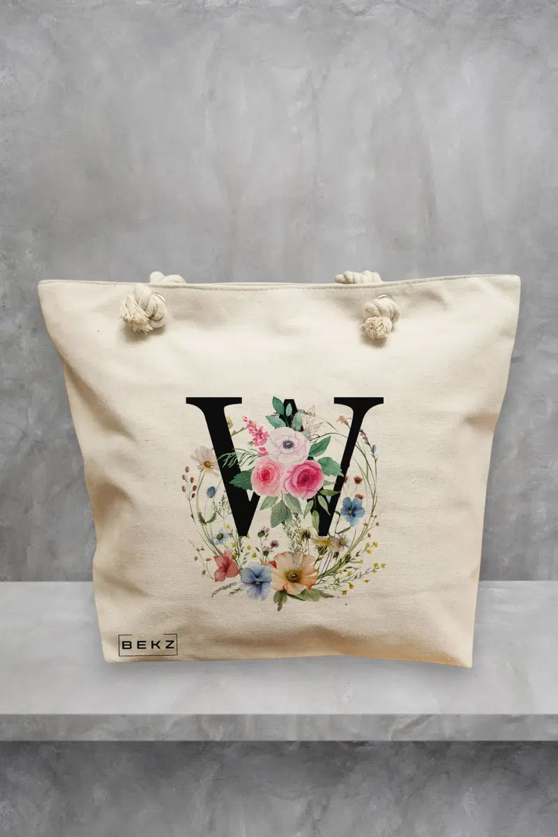 Geanta de Plaja Canvas Tote pentru femei, Cu litera W in Coronita Florala, 40x51 cm, Bej, BEKZ®
