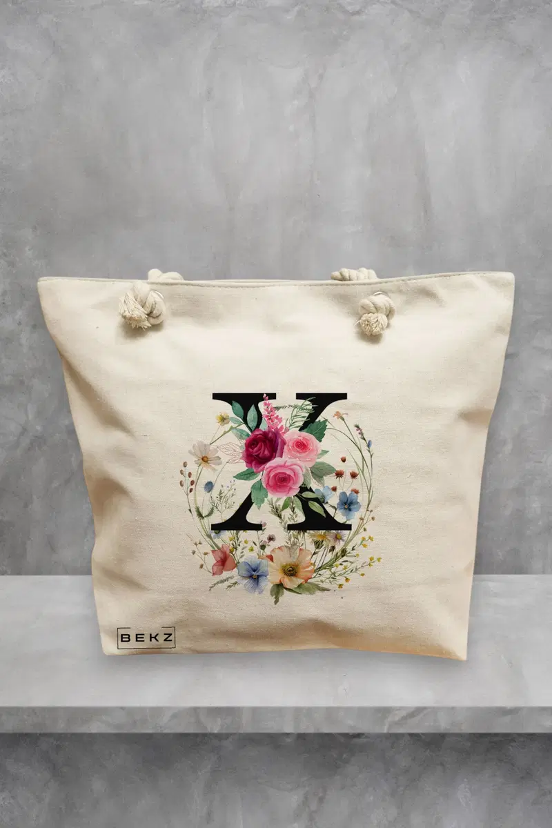Geanta de Plaja Canvas Tote pentru femei, Cu litera X in Coronita Florala, 40x51 cm, Bej, BEKZ®