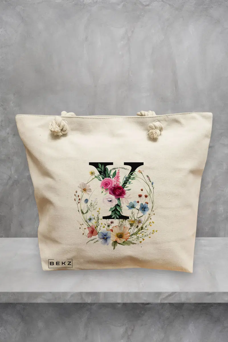 Geanta de Plaja Canvas Tote pentru femei, Cu litera Y in Coronita Florala, 40x51 cm, Bej, BEKZ®