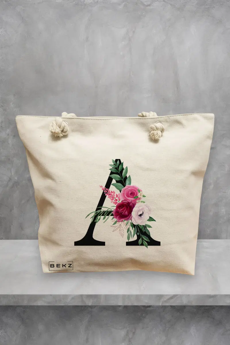 Geanta de Plaja Canvas Tote pentru femei, Cu litera A si Trandafiri, 40x51 cm, Bej, BEKZ®