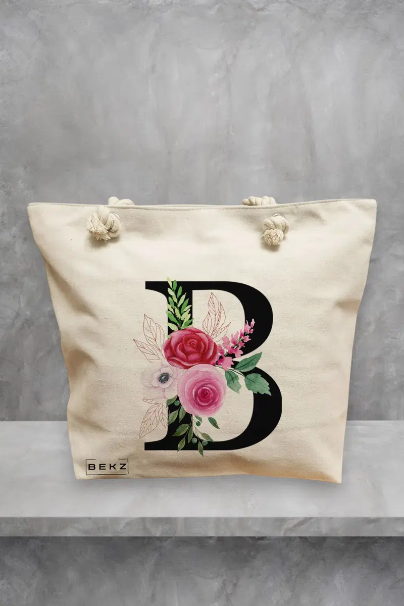 Geanta de Plaja Canvas Tote pentru femei, Cu litera B si Trandafiri, 40x51 cm, Bej, BEKZ®