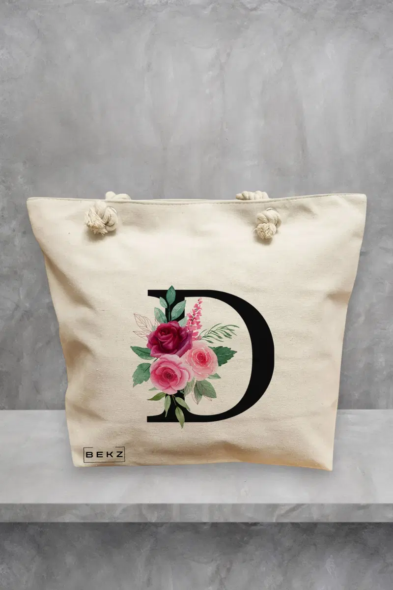 Geanta de Plaja Canvas Tote pentru femei, Cu litera D si Trandafiri, 40x51 cm, Bej, BEKZ®