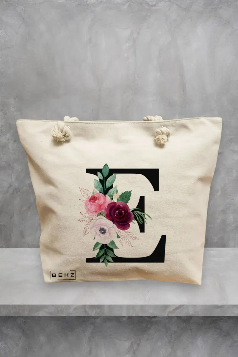 Geanta de Plaja Canvas Tote pentru femei, Cu litera E si Trandafiri, 40x51 cm, Bej, BEKZ®