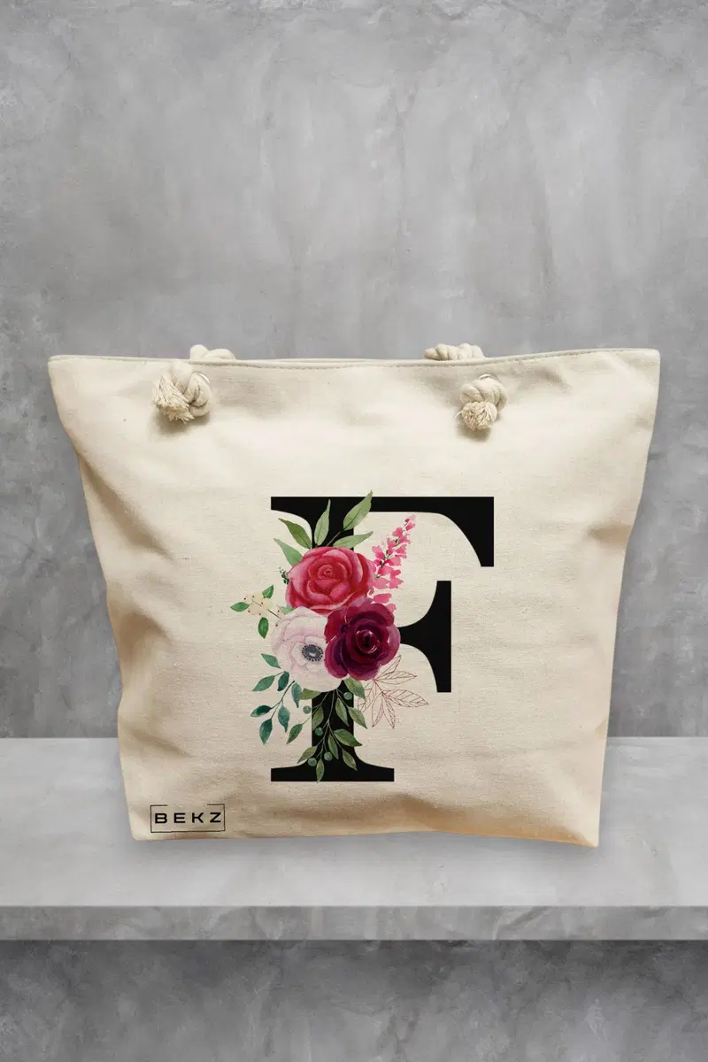 Geanta de Plaja Canvas Tote pentru femei, Cu litera F si Trandafiri, 40x51 cm, Bej, BEKZ®