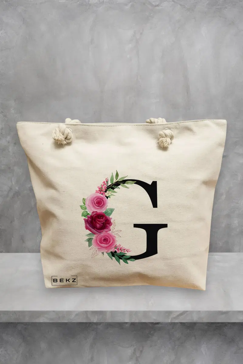 Geanta de Plaja Canvas Tote pentru femei, Cu litera G si Trandafiri, 40x51 cm, Bej, BEKZ®