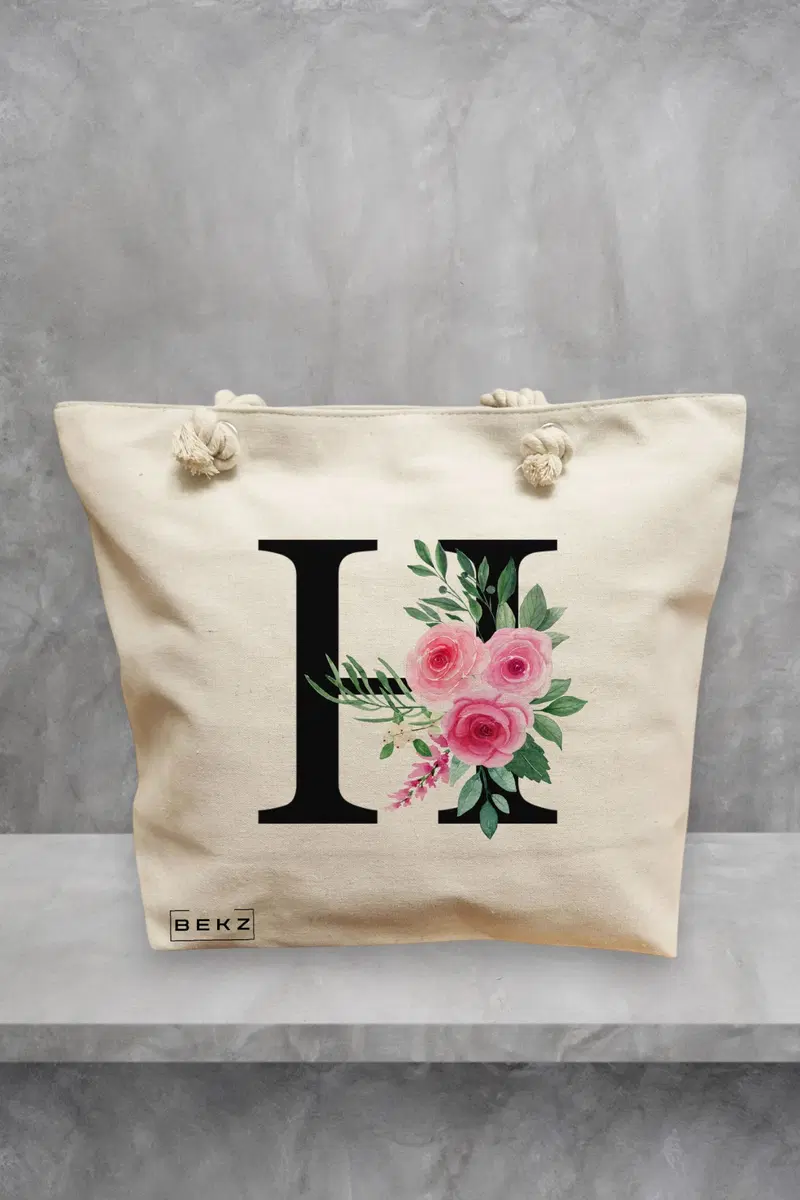 Geanta de Plaja Canvas Tote pentru femei, Cu litera H si Trandafiri, 40x51 cm, Bej, BEKZ®