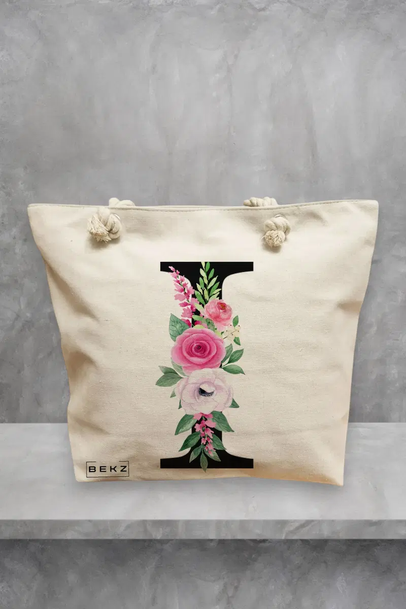 Geanta de Plaja Canvas Tote pentru femei, Cu litera I si Trandafiri, 40x51 cm, Bej, BEKZ®