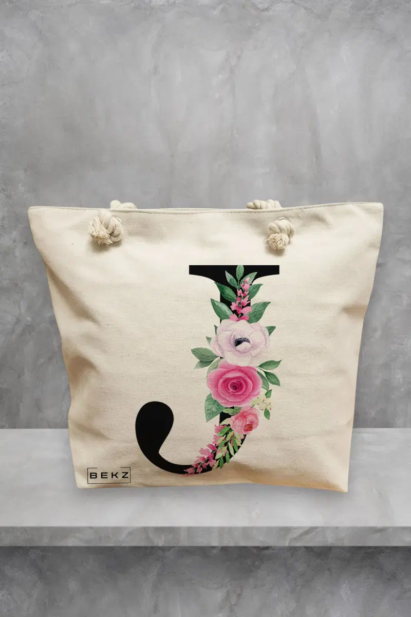 Geanta de Plaja Canvas Tote pentru femei, Cu litera J si Trandafiri, 40x51 cm, Bej, BEKZ®